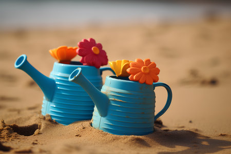 Watering can with flowers on the sandy beach. Selective focus.の素材
