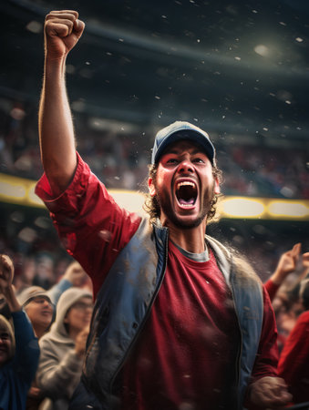 Cheering fan in cap and red t-shirt at the stadiumの素材