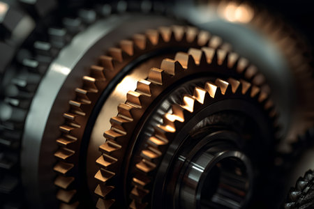 Close-up of gear wheels, industrial background. 3D renderingの素材