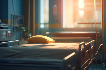Empty hospital ward with bed and a yellow pillow. 3d renderingの素材
