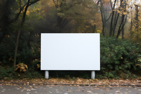 Blank billboard in the autumn park. 3d rendering mock upの素材