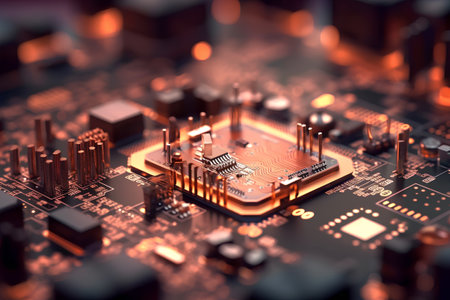 Circuit board with microchips and electronic components. 3d renderingの素材