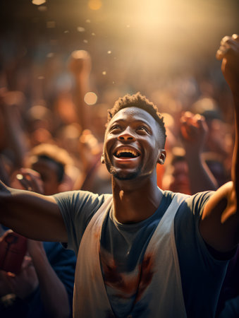 Portrait of happy african american man dancing at music festivalの素材