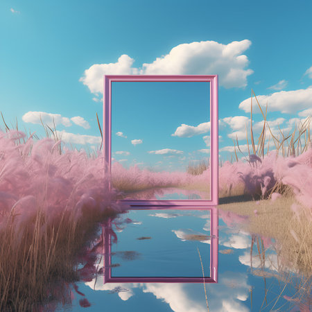 pink frame on the background of grass and sky. 3d renderingの素材