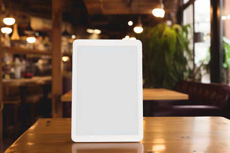 Tablet pc with blank screen on wooden table in coffee shop backgroundの素材