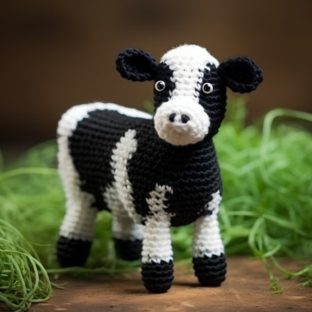 Knitted woolen toy black and white cow on green grass backgroundの素材