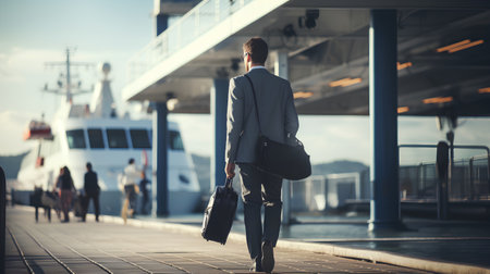 Businesswoman with a briefcase on the background of the port.の素材
