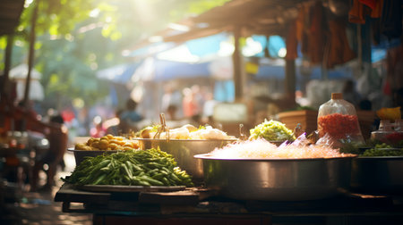 Fruit and vegetable stall at street food market in Bangkok, Thailandの素材