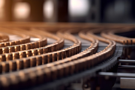 Conveyor belt in the production line. Industrial background. Shallow depth of field.の素材