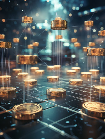 3d rendering of golden coins stack with bokeh light backgroundの素材