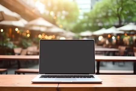 Laptop with blank screen on wooden table in coffee shop, stock photoの素材