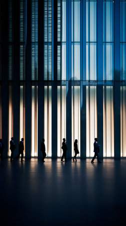 Silhouette of business people walking in the corridor of a modern office buildingの素材