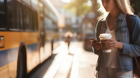 Young woman using mobile phone and holding cup of coffee at train stationの素材