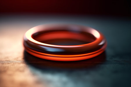 Close up of a red gold wedding ring on a dark background.の素材