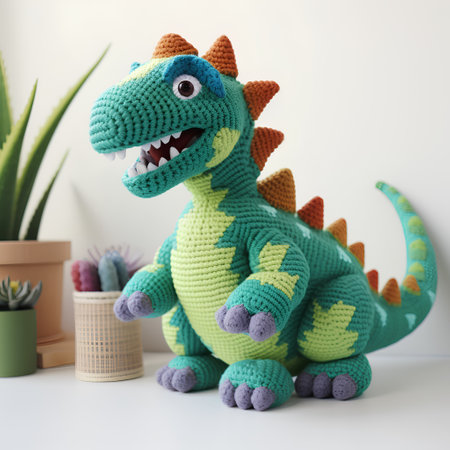 Knitted toy dinosaur on a white background. 3d rendering.の素材