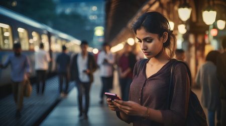Woman using mobile phone in the city at night. Blurred background.の素材