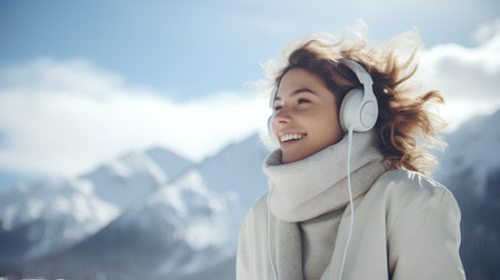 Young woman listening to music with headphones on the background of snowy mountainsの素材