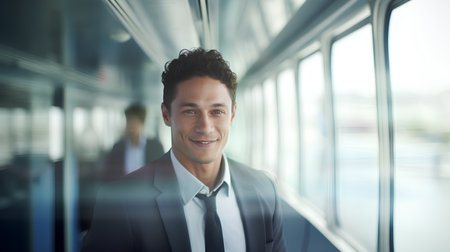 Portrait of smiling businessman standing in corridor of modern office building.の素材