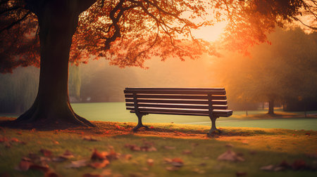 Wooden bench in the park at sunset. Beautiful autumn landscape.の素材