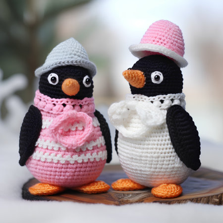 Handmade crocheted penguins on wooden tray, on bright backgroundの素材