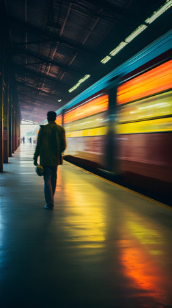Motion blur of a man walking on the platform of a subway stationの素材