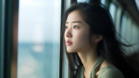 Portrait of beautiful asian woman looking out the window at homeの素材