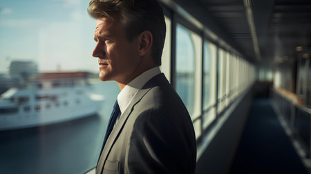 Side view of mature businessman in suit looking out of the window.の素材