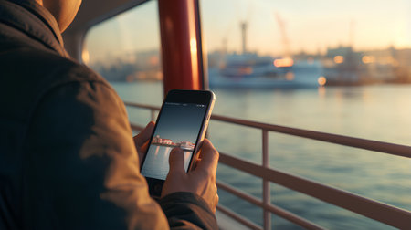 Woman using smartphone on the background of the port of Istanbul, Turkeyの素材