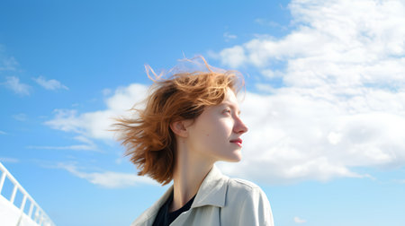 Portrait of young beautiful woman with flying hair on blue sky backgroundの素材
