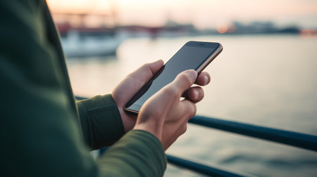 Closeup image of a man using mobile smart phone outdoors at sunsetの素材