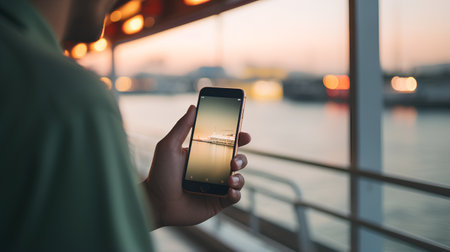 woman hand holding mobile smart phone with blank screen on the city backgroundの素材