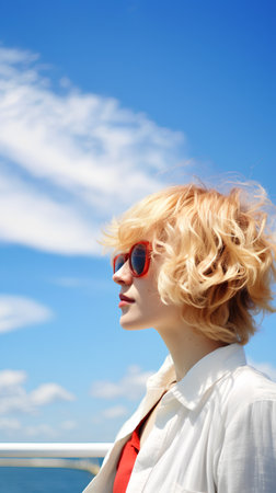 Closeup portrait of a beautiful young woman with curly blond hair and sunglassesの素材