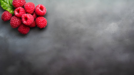 Ripe raspberries on dark background. Top view with copy spaceの素材