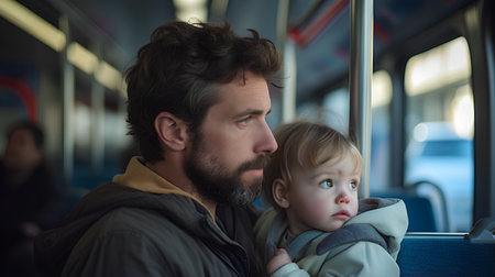 Young father and his little daughter traveling by bus. Family travel concept.の素材