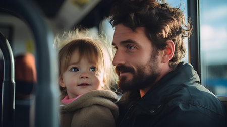Dad and daughter traveling by bus. Family travel by bus concept.の素材
