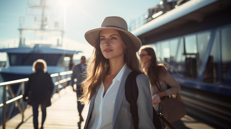 Portrait of a beautiful young woman in a hat, with a backpack, on the background of the city.の素材