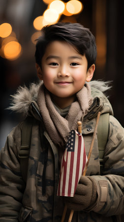 portrait of asian boy with american flag on christmas marketの素材