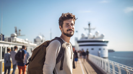 Portrait of a handsome young man with a beard on the background of a cruise shipの素材