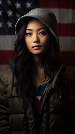Portrait of a beautiful young asian woman wearing a cap and jacket.の素材