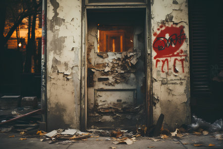 Abandoned building in the city at night. The old door of an abandoned buildingの素材