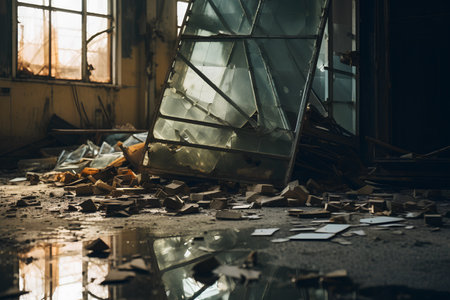 Broken glass in a factory, toned image, selective focusの素材