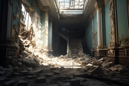 3D rendering of an old abandoned building in the middle of the cityの素材