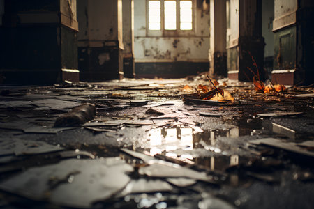 Abandoned factory interior with ruins of old factory building, tonedの素材