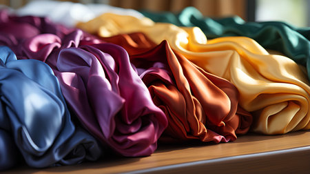 Close up of multicolored silk fabrics on a wooden table.の素材
