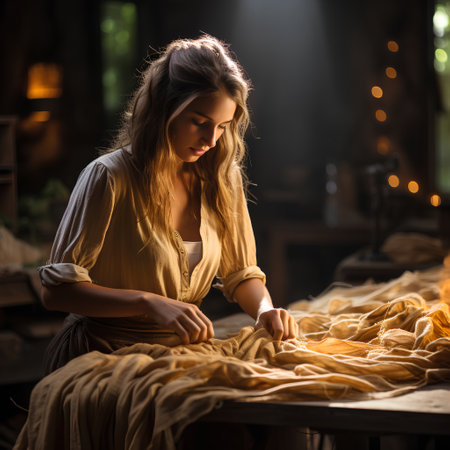 Beautiful young woman sitting in bed at home and knitting at nightの素材