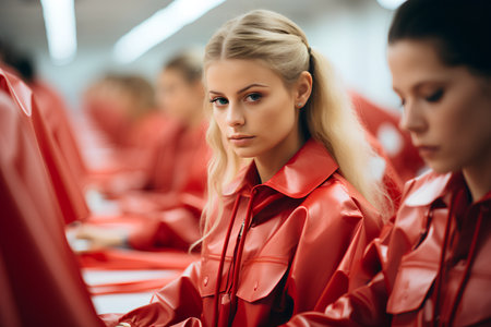 Portrait of beautiful businesswoman in red jacket in modern office.の素材
