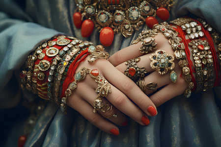 Hands of a woman in indian dress with bracelets.の素材