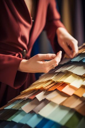 Closeup of female designer choosing color from swatch palette in officeの素材