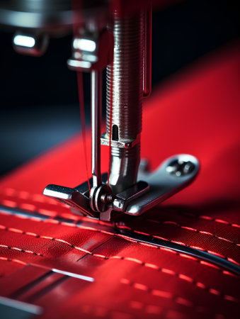 Sewing machine and red fabric close-up. Selective focus.の素材