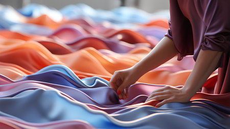 Woman's hand touches the silk fabric. 3d render illustration.の素材